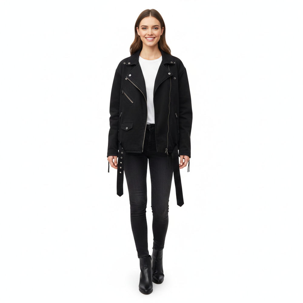 WE THE FREE Free People Black Biker Jacket Belted Moto Size XS Full Zip